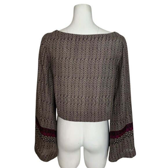 Free People Stars Aligned Bell Sleeve Crop Top S Mocha Combo Western Bohemian - Picture 2 of 11